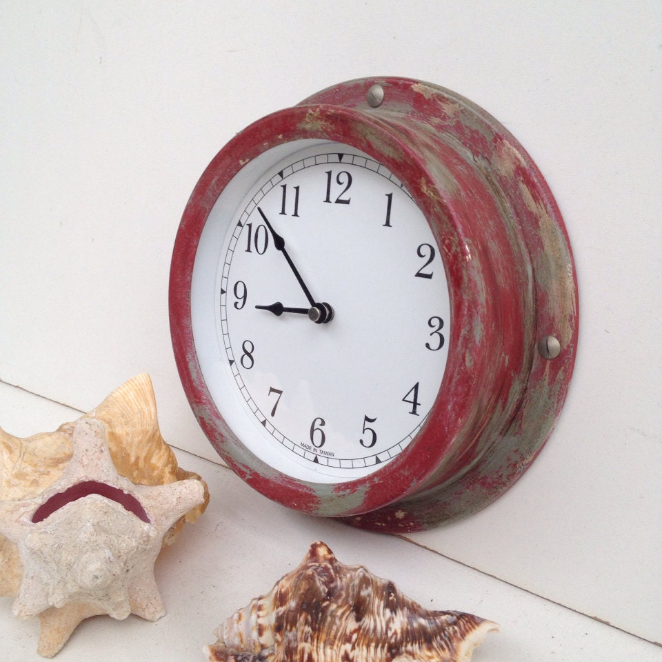 Rustic Vintage Red Wall Clock Red Metal Clock by ShabbyShores