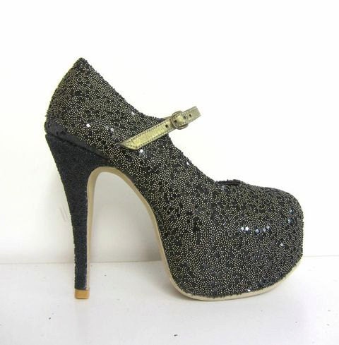 Handmade Platform Shoes Mary Janes Black Gold Pearl Leather UK 3 EU 36 5"inch Stiletto Heel