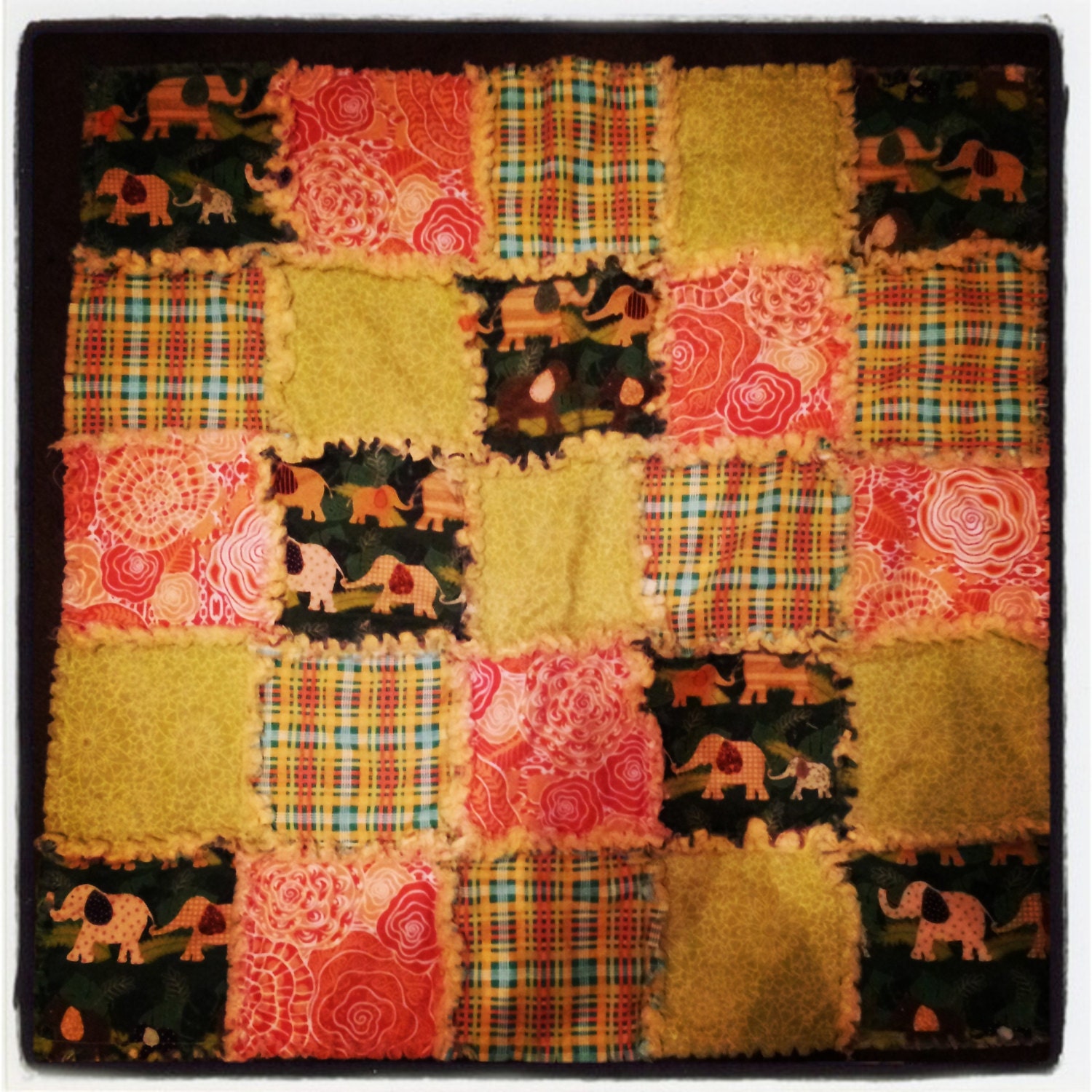 Quality Elephant Rag Quilt 25"x25" Vibrant Colors. Great for a baby boy or photography prop...