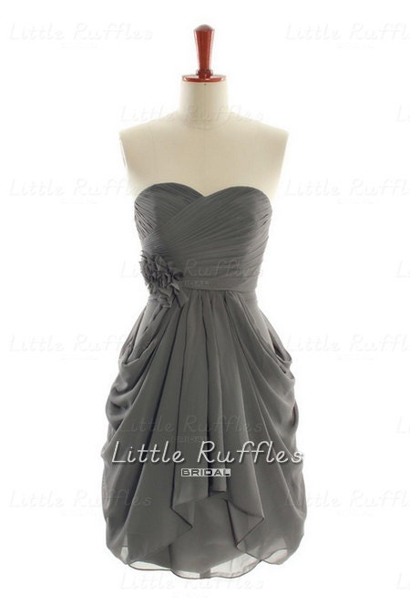 Dark Grey Bridesmaid Dress,Chiffon Prom Dress Grey,Chiffon Bridal Party Dress,Gray Cocktail Dress,Knee Length Grey Bridesmaid Dress(BCD211)