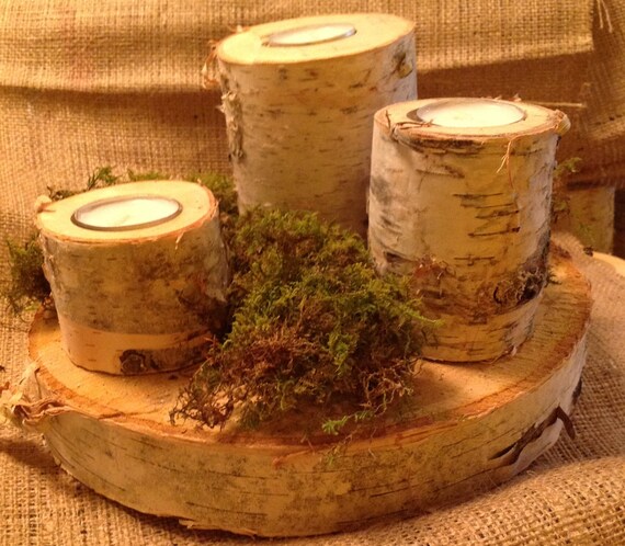 Items similar to Birch Tree Candle Holder Centrepiece with Green Sheet