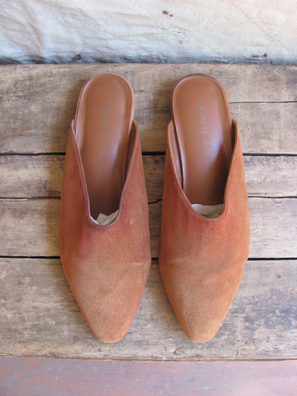 vintage c. 1980s caramel suede mules or slippers with pointed toes