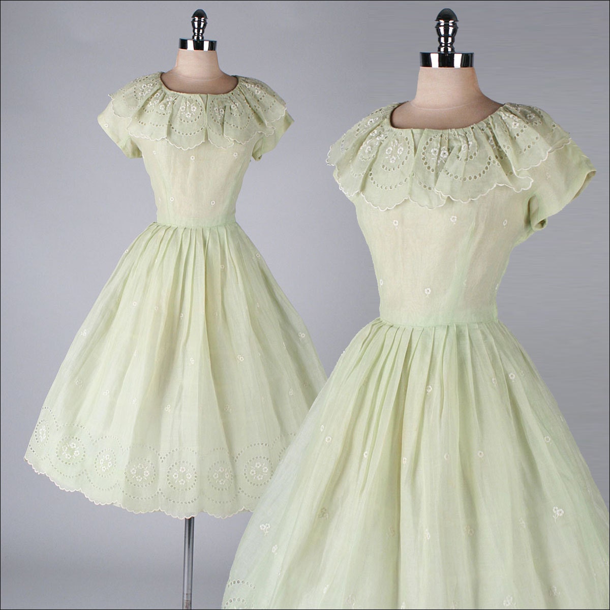 vintage 1950s dress . celery green organza . eyelet lace . 3471