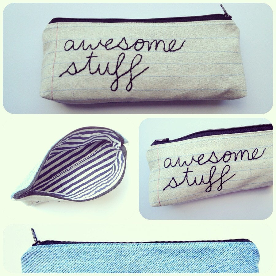 Zipper Pouch- Awesome Stuff- Repurposed Denim Jeans- Handmade