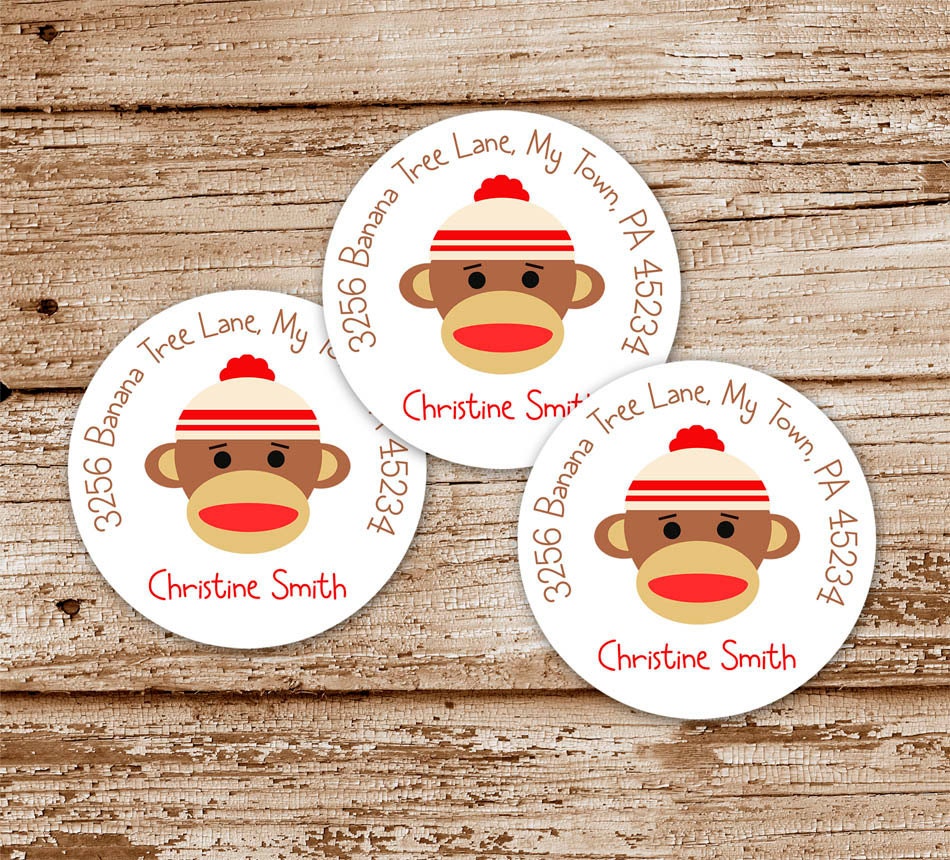 Set of 20 / Sock Monkey Return Address Labels, Stickers Il_570xn