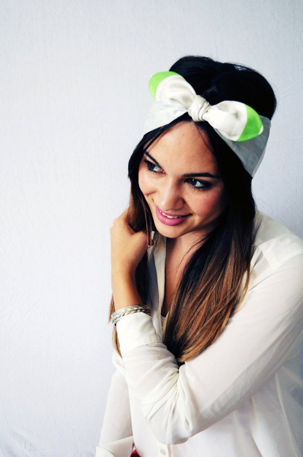 Green and gray stripes and block print head wrap headband