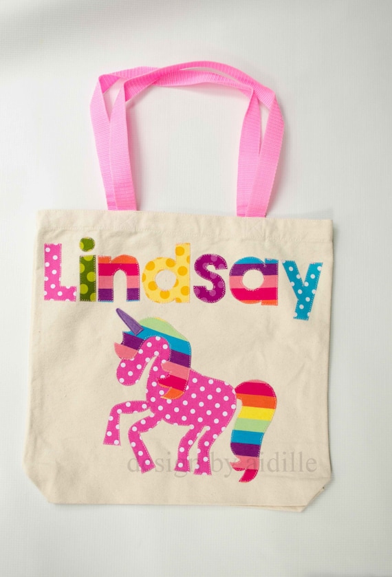 Girls Personalized Tote Bag, Rainbow Unicorn Name Bag, Canvas Tote, Up ...