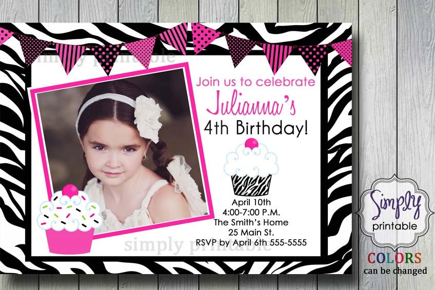 Cupcake Zebra Print Girls Birthday Invitation Il_570xn