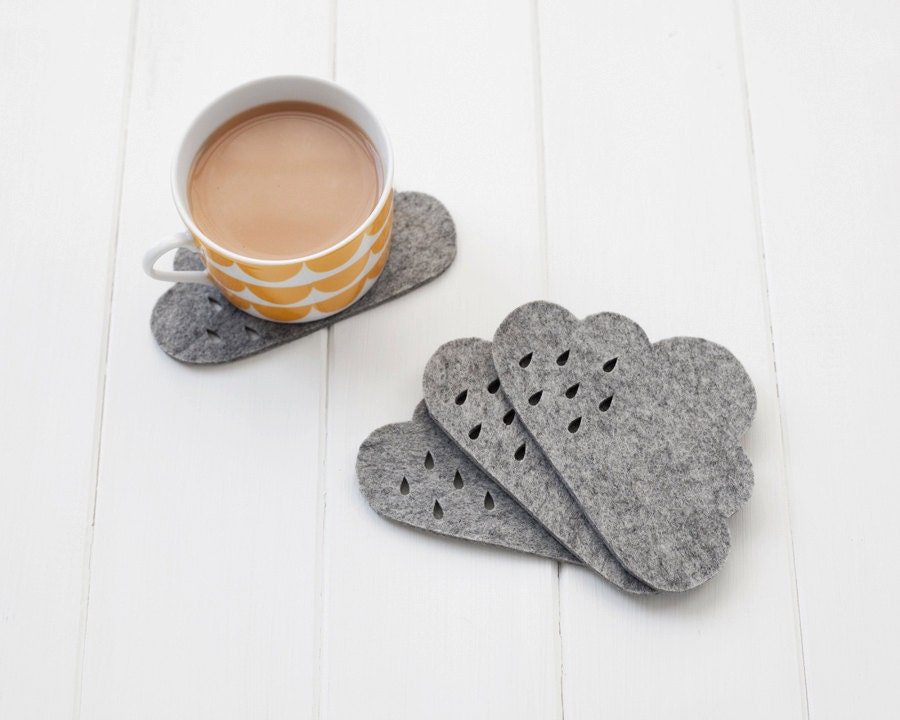 Cloud Felt Coaster set with punched rain detail -  100% 4mm grey mélange wool felt, set of 4