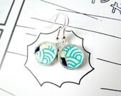Turquoise Earrings, Japanese Wave Pattern, Resin Jewelry, Yuzen Chiyogami Washi, Origami paper, Silver Plated, Gift under 15