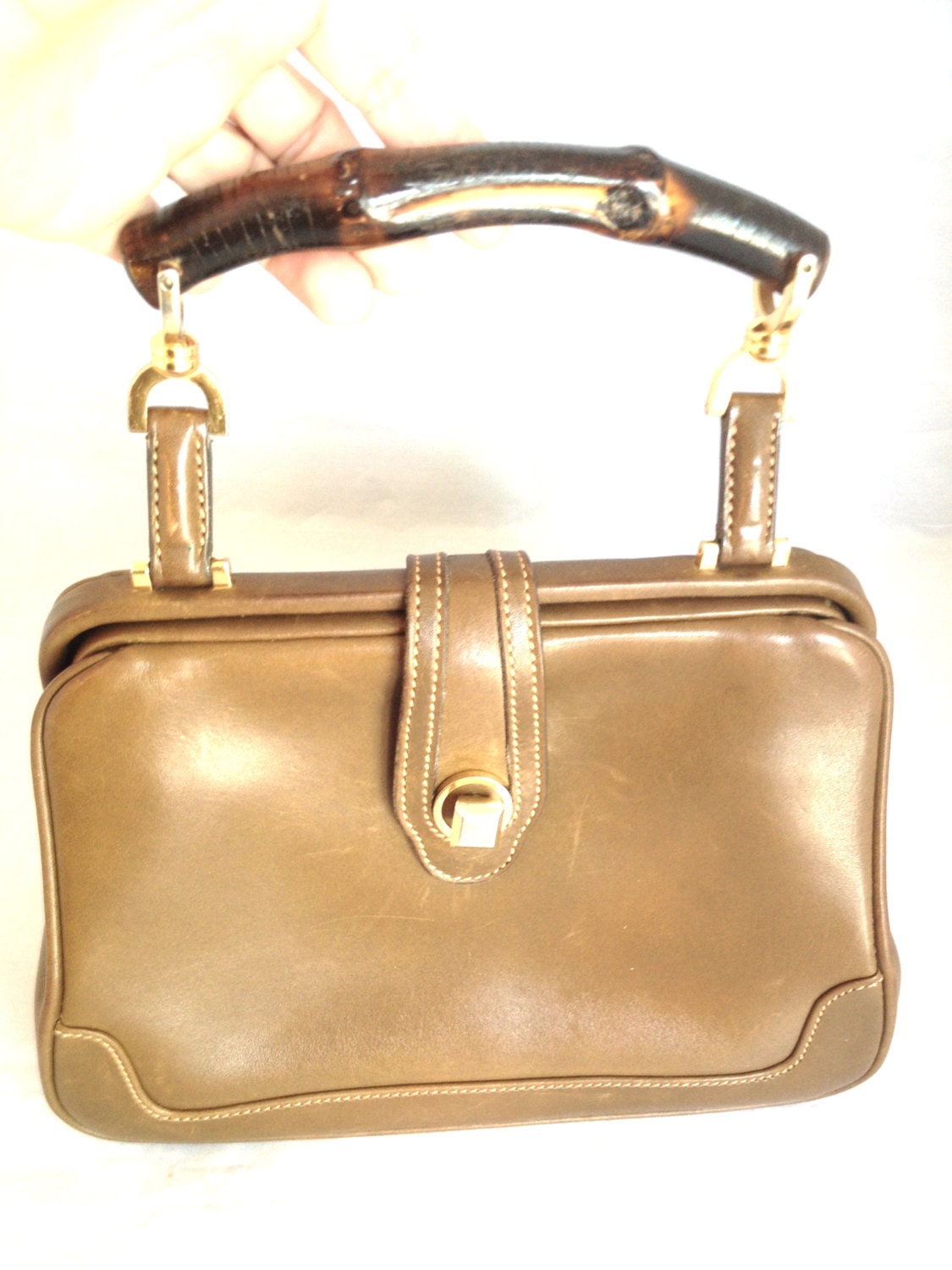 Items similar to Vintage Gucci handbag bamboo handle 1950&#39;s brown leather RARE Retro pocketbook ...
