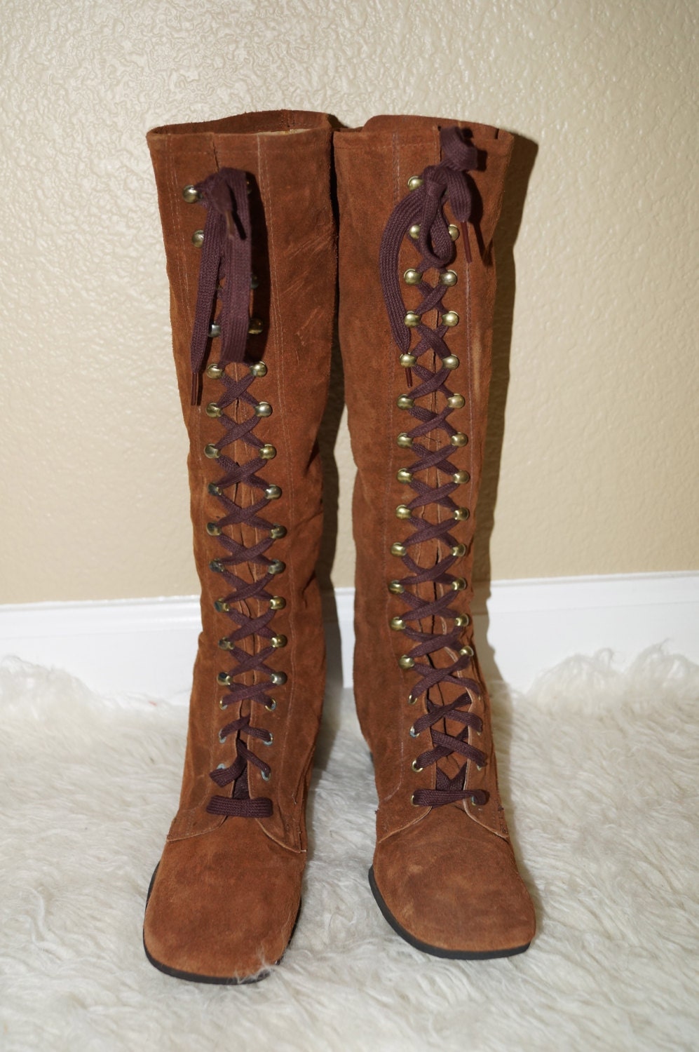 60s 70s Brown Suede Mod Hippie Lace Up Knee High By Modvibevintage