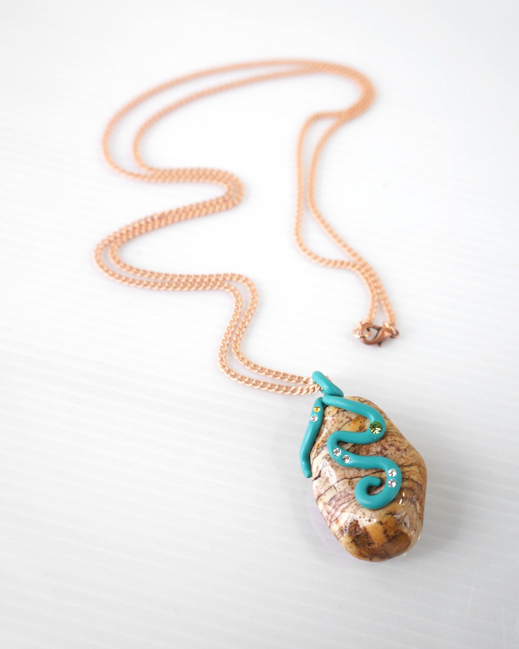 Picture Jasper Stone Long Necklace, Earth Tone Stripe Natural Stone Pendant with Swirl Epoxy Clay, Bold Natural Statement Jewelry