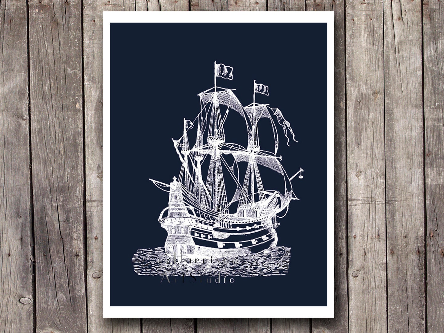 Nautical art print Vintage ship white silhouette by EEartstudio
