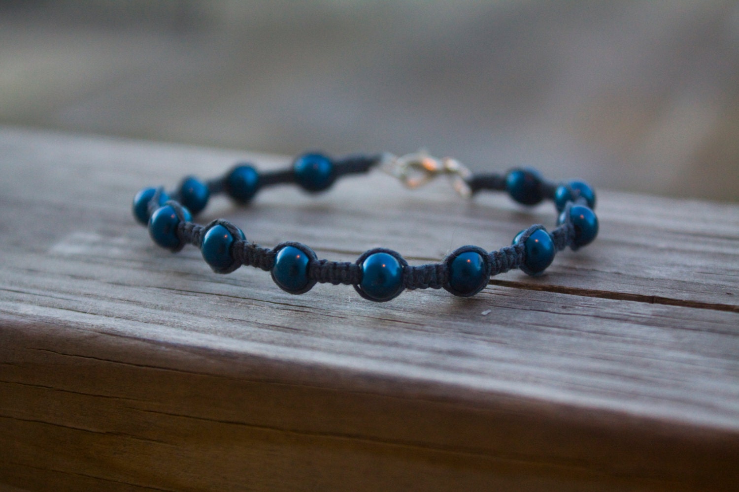 Slate Grey Hemp and Navy Blue Glass Pearl Bead Bracelet - Women's Jewelry - Pearlescent 6mm Spacer Beads - WingoWorks Slate Grey Hemp and Navy Blue Glass Pearl Bead Bracelet - Women's Jewelry - Pearlescent 6mm Spacer Beads - WingoWorks