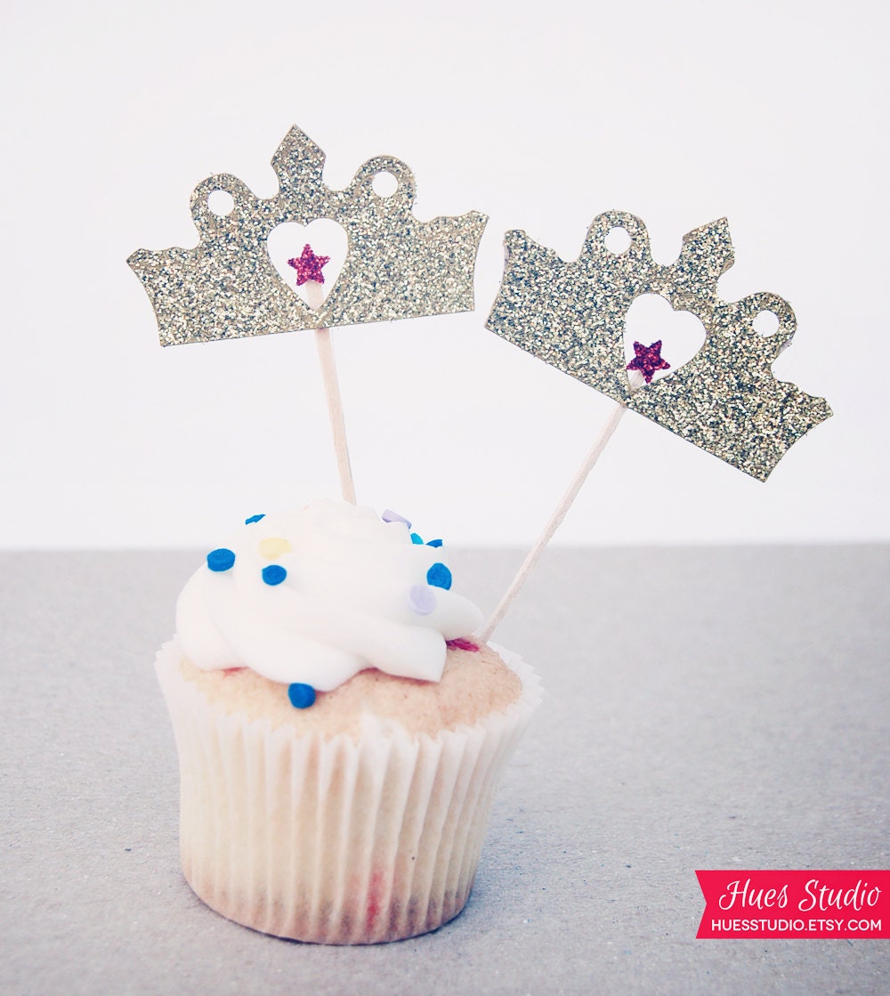 Gold or Silver Glitter TIARA CROWN Party Picks, Toothpicks, Cupcake Toppers, Food Picks (Set of 12) Il_570xn