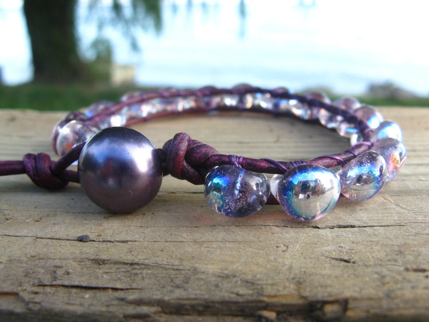 Shimmering Purple Leather Wrap Bracelet, Boro Beads, Beaded Leather Wrap, Single Leather Wrap - BearCreekCollection