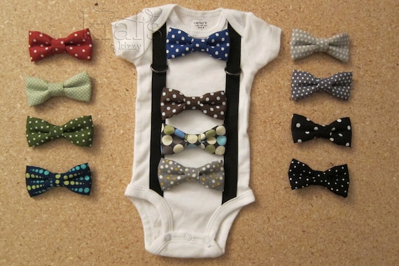 Baby Boy Outfit - Suspender Onesie with your choice of 1 removable POLKA DOT bow tie