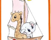 Nursery Art wall decor-Friends on a yacht , Home Decor for Children 8x11 Original art painting