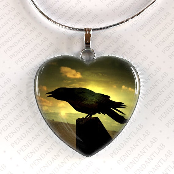 Black Raven Heart Pendant, The Raven, Edgar Allan Poe, Raven Necklace, Raven Jewelry, Raven Charm, Art, Bird Jewelry, Bird Pendant, Gift