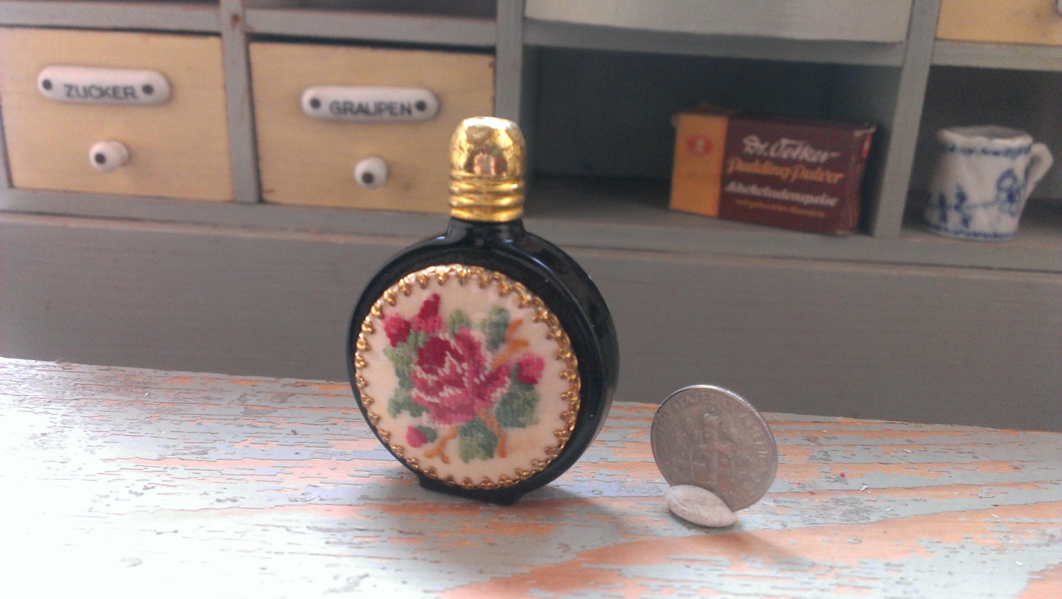 Vintage Perfume bottle Petite Point Miniature embroidery tapestry about 1940/50