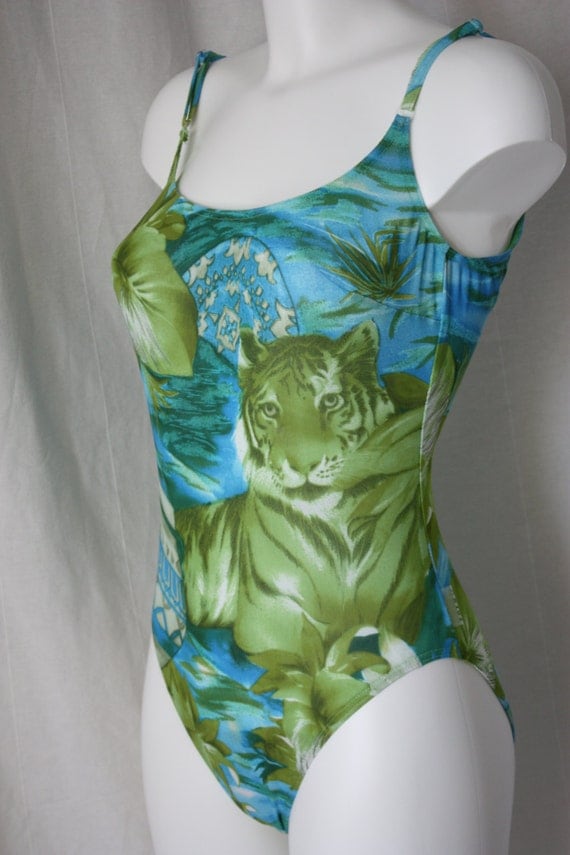 Tan thru swim suit tiger net bathing suit by TulipVintage on Etsy