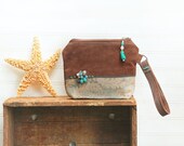 Café Ole Wristlet Clutch - Boho Chic Dark Brown Deep Chocolate Coffee suede leather sky blue turquoise vintage earring