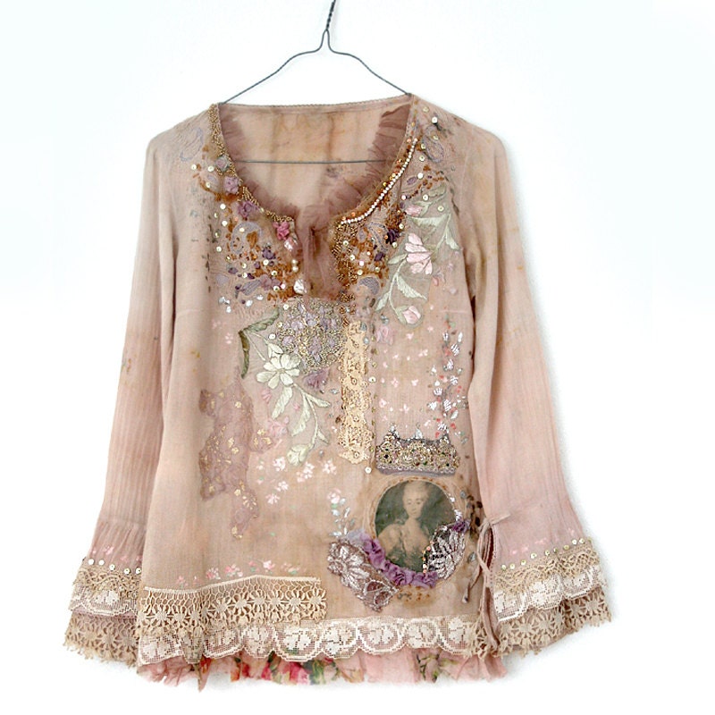 Spring Muse-- romantic embroidered blouse, hand dyed, painted, beaded details, textile collage, wearable art, delicate ethereal