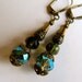 Art Nouveau Filigree Earrings 1920s Earrings Green Crystal Earrings Blue Brass Earrings - Going Green