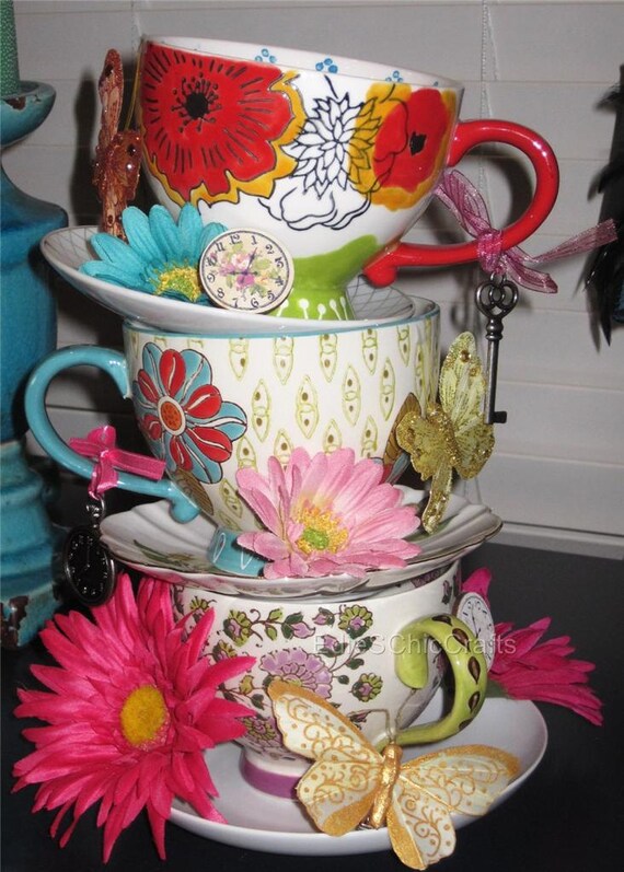 Items similar to Oversized Handpainted Stacked Teacup Centerpiece