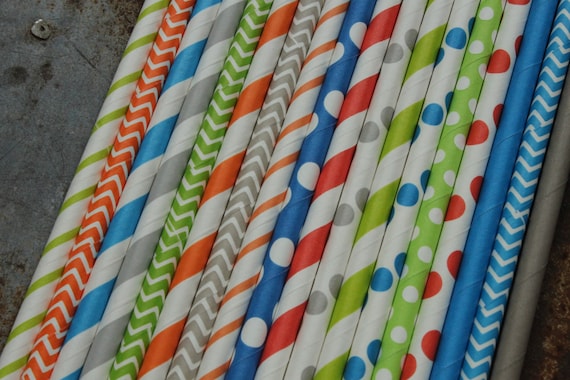 Boy Party Straws -- set of 25 -- Blue, Grey, Green, Orange, -- Paper Drinking Il_570xn