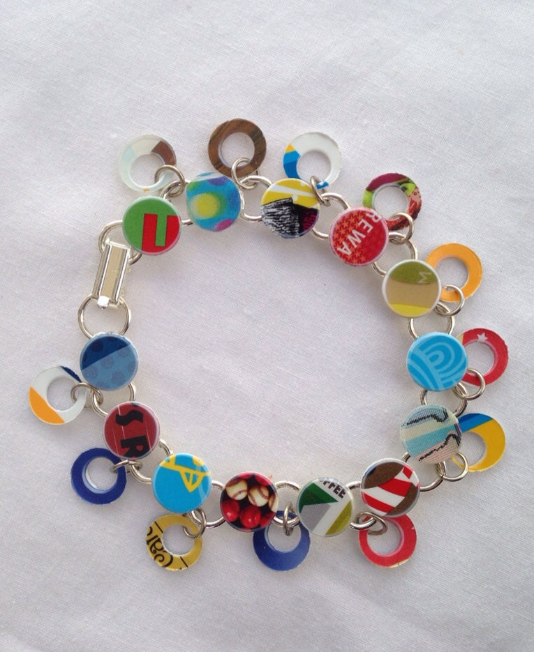 Crazy Colorful Double Dangle Bangle Bracelet made from Recycled Gift Cards - 8" bangle bracelet - JustPlainJane