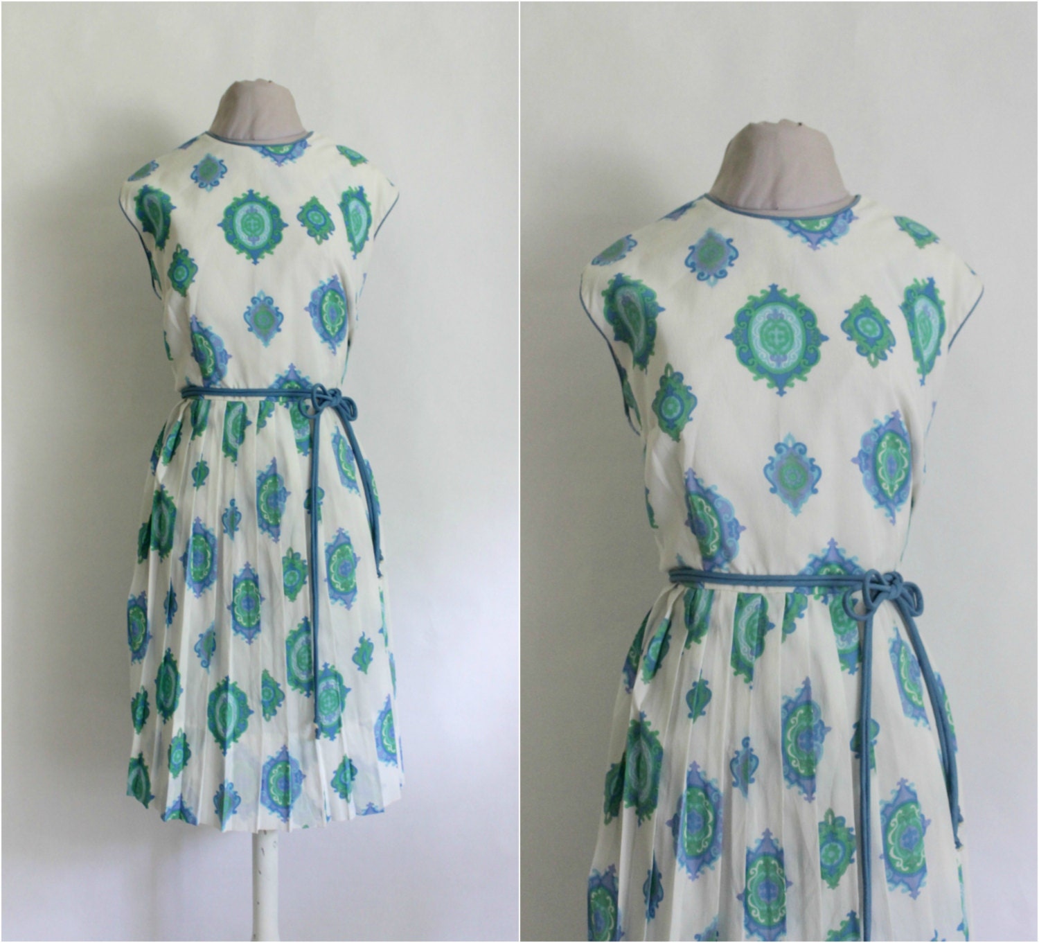Vintage 1960s Blue Paisley Sun Dress / 60s Dress / Garden Party Dress