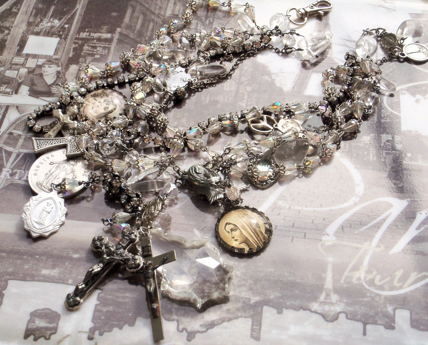 Let it Shine Antique AB Crystal Rosaries Statement necklace vintage French medals