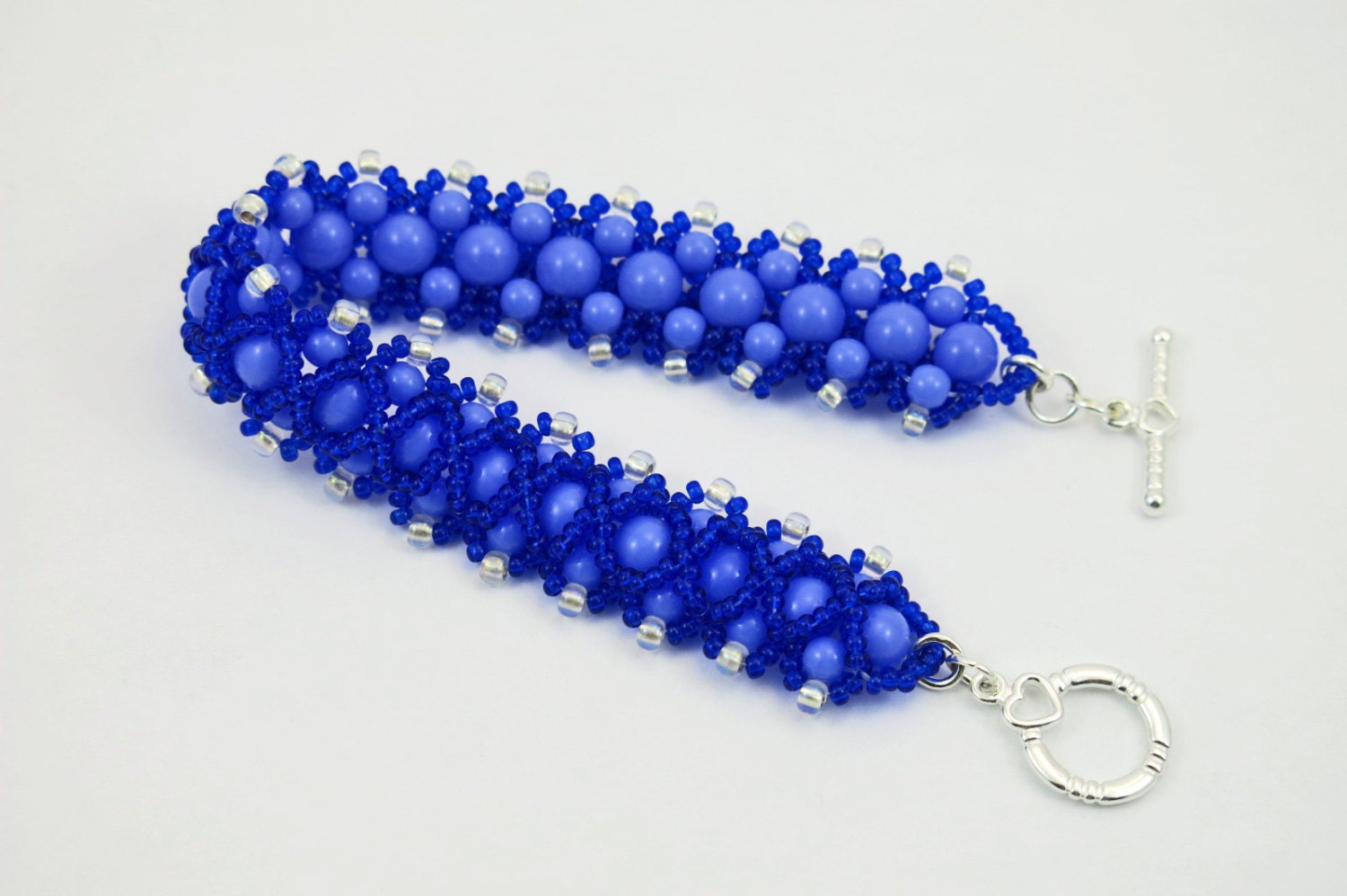 Blue Beadwork Cuff Bracelet Periwinkle Royal Blue Heart Toggle Clasp - TinksTreasure