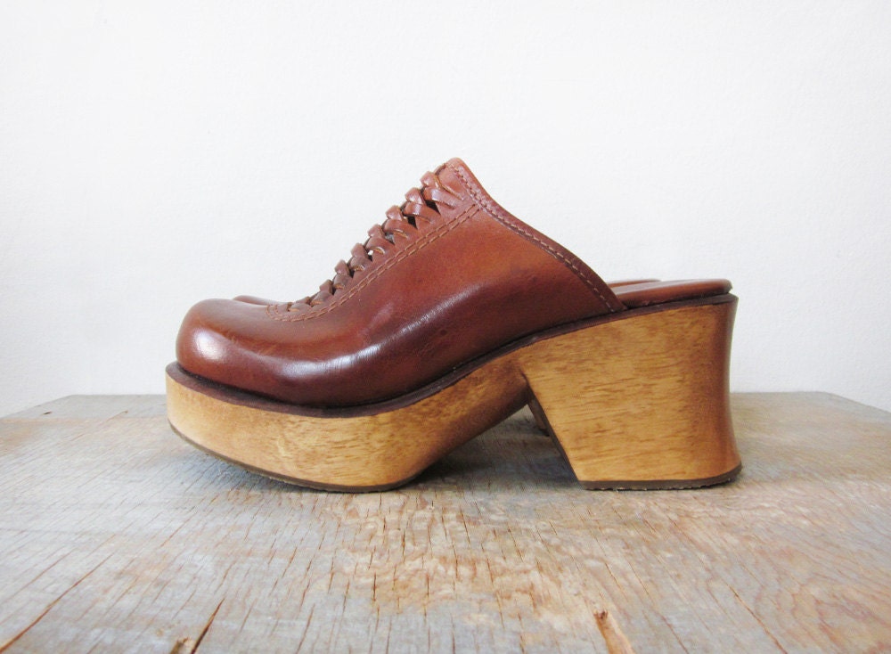 platform wooden clogs / vintage 90s leather by RustBeltThreads
