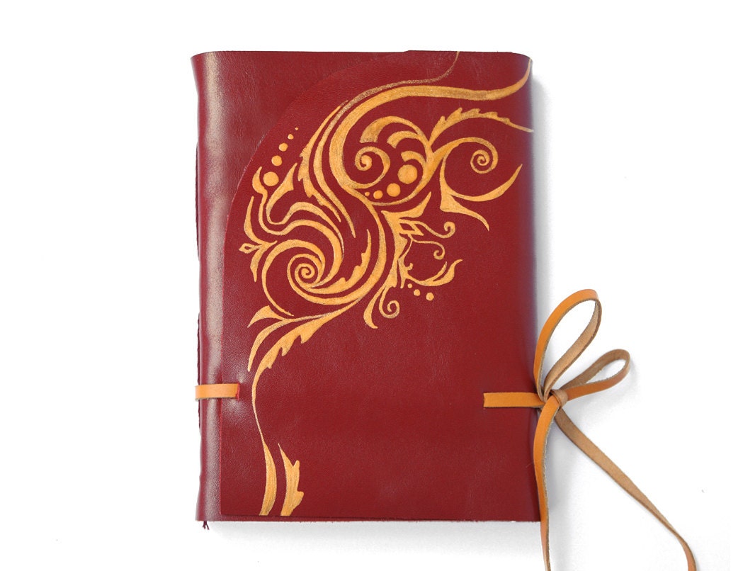 Red Leather Journal, Art Nouveau Diary, Elegant Notebook in Red and Gold - Royal - Baghy