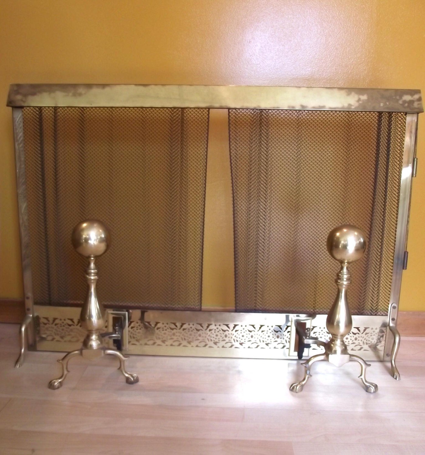 70s Fire Screen / Vintage Andirons n Brass Mesh by judygovintage