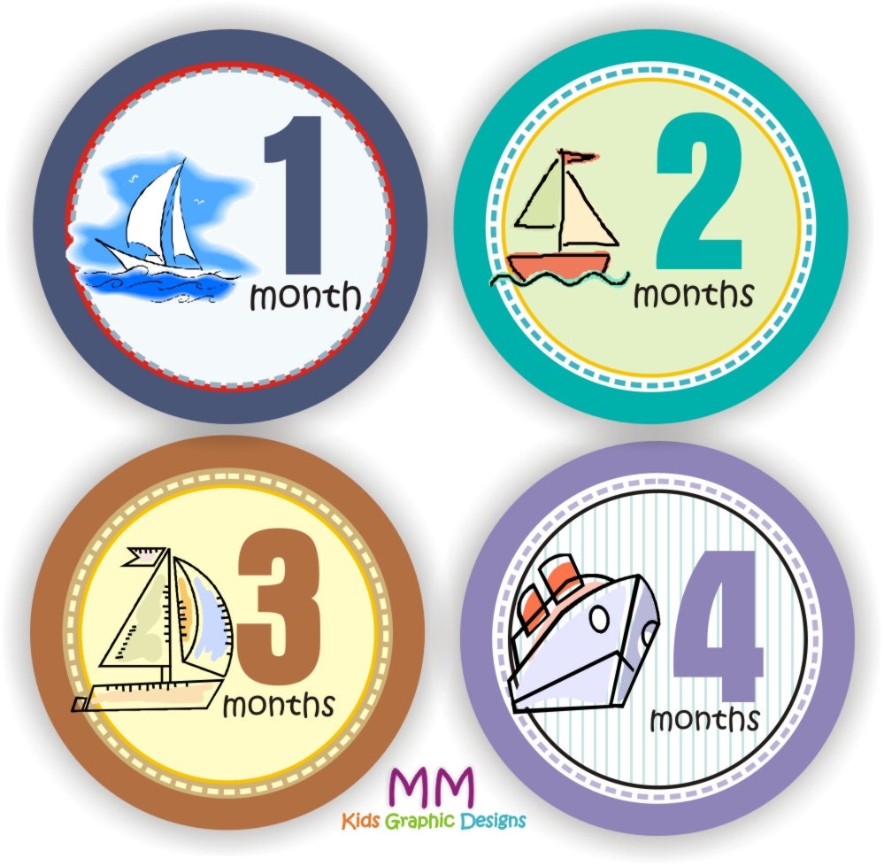 Baby Stickers - Baby Month Stickers - Baby Boy Monthly Stickers - Baby Shower Gift - Boats Baby Month Stickers Il_570xn