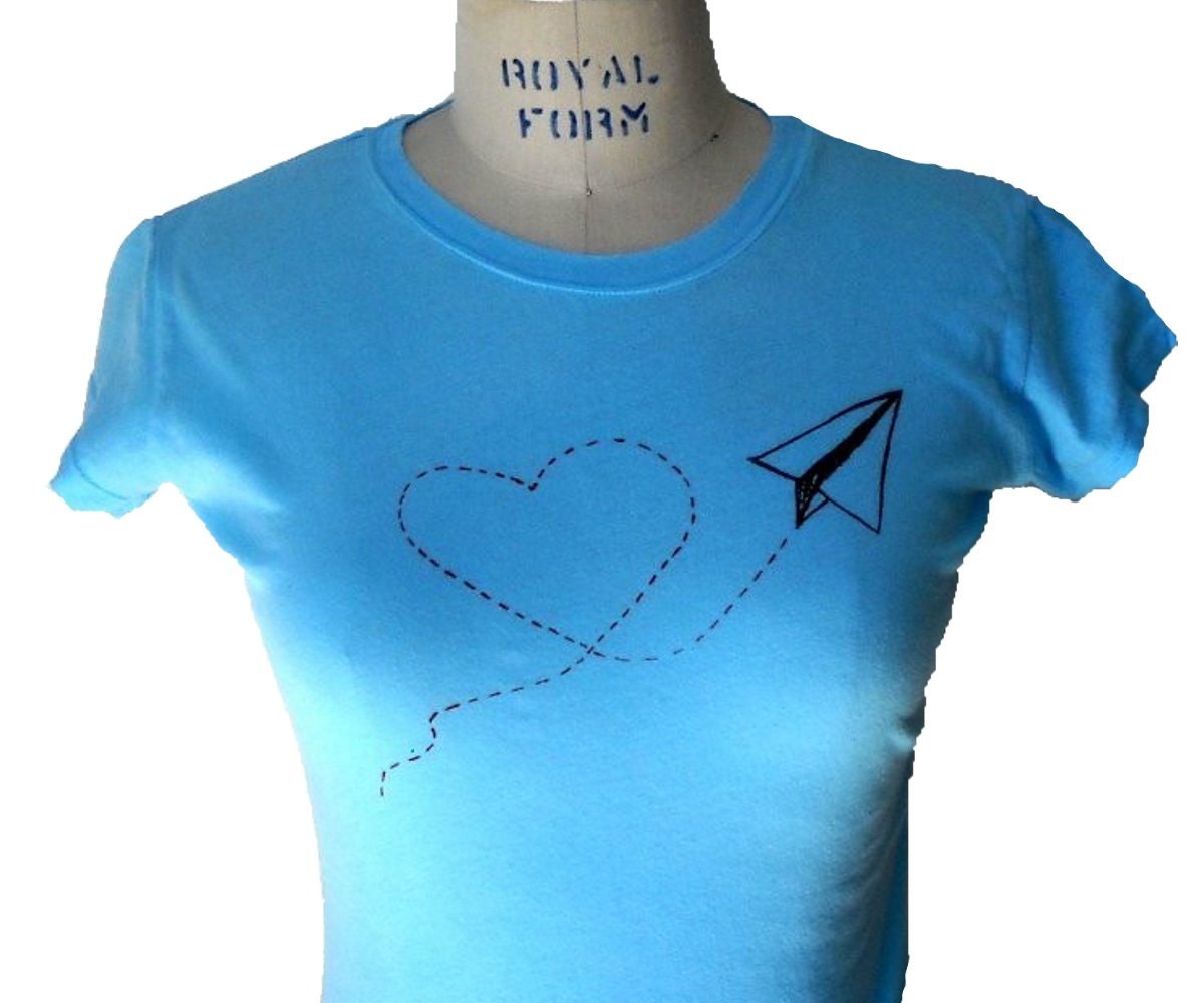 Ladies Tshirt, Women T Shirt, Love Notes Paper Airplane Tee Shirt, Powder Blue Cotton Crewneck - CausticThreads