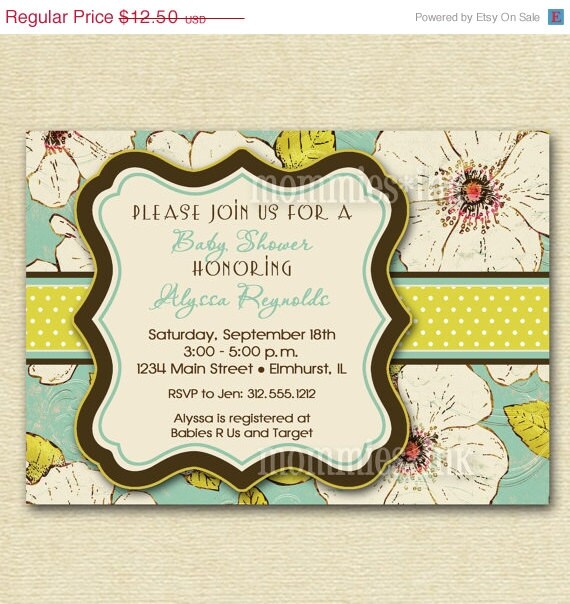 10% Off Holiday Sale Vintage Blooms - Aqua - Baby Shower Invitation - PRINTABLE INVITATION DESIGN Il_570xn