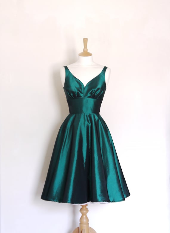 Emerald Green Taffeta Sweetheart Tea Dress (Size UK 6- 16) - Made by Dig For Victory - FREE SHIPPING worldwide
