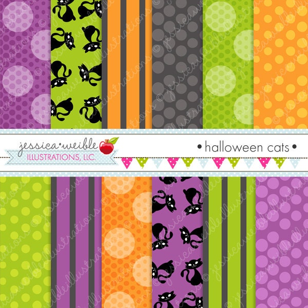 Halloween Cats Cute Digital Papers - Commercial Use OK - Halloween Backgrounds, Halloween Digital Papers - Halloween Patterns Il_570xn