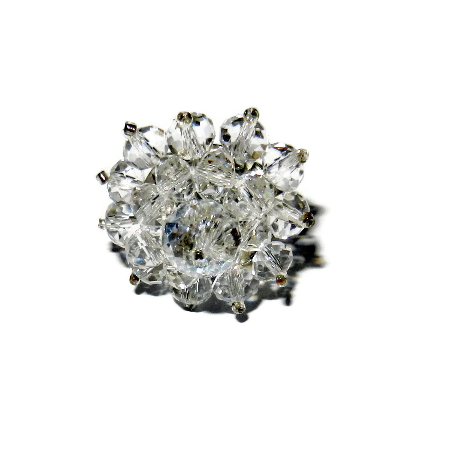 Silver Crystal Beaded Flower Ring - CloudNineDesignz