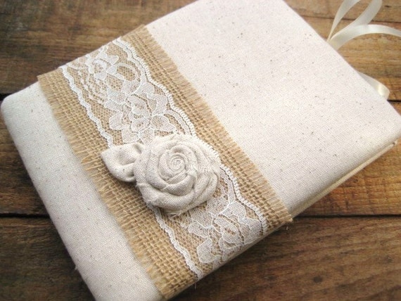 Guest Book Rustic Wedding  Muslin Burlap and Lace with Rose