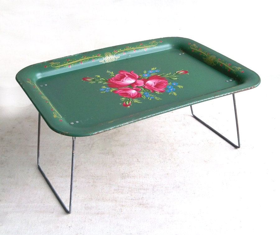 Mid Century Metal TV Lap Tray Green With Floral by leapinglemming
