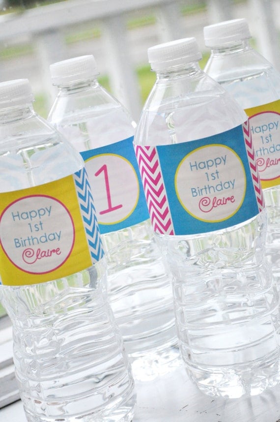10 Water Bottle Labels - Chevron Birthday Decorations with Polkadots - Teal, Pink, Yellow Il_570xn