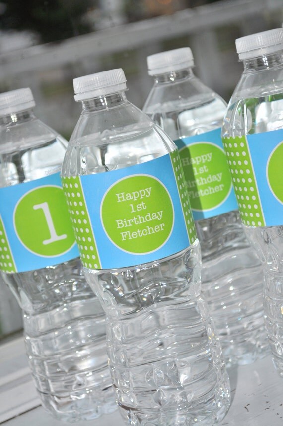 10 Water Bottle Labels - Boys 1st Birthday - Boys Baby Shower - Lime Green and Teal Blue Polkadot - Personalized Il_570xn
