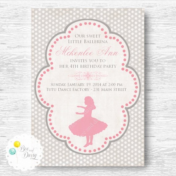 Vintage Ballerina Silhouette Invitation for Birthday Party or Baby Shower Printable DIY Girls Gray Ballet Invite by BeeAndDaisy Il_570xn