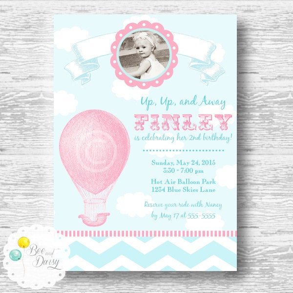 Vintage Hot Air Balloon Invitation for Birthday Party or Baby Shower - Girls DIY Pink Printable Photo Invite by BeeAndDaisy Il_570xn